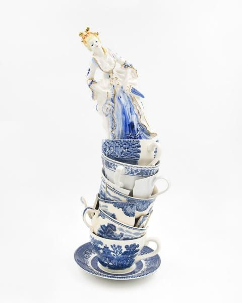 Jeremiah Jenkins sculpture of blue and white teacups with statue of female figure at top