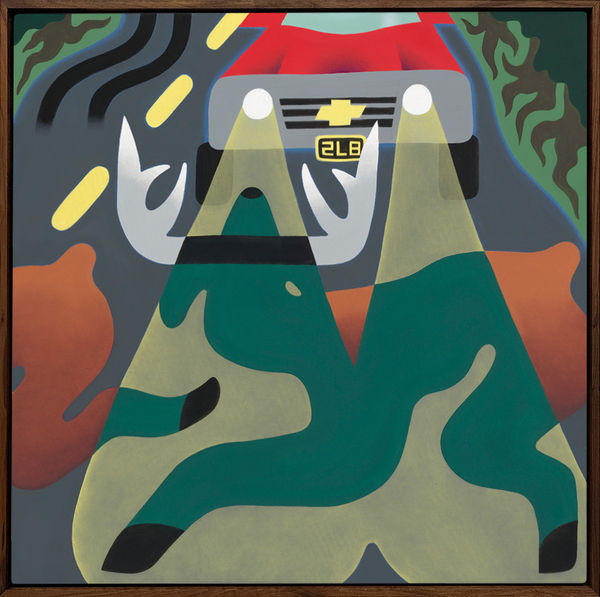 painting by Austin Elfio Montanari depicting a deer crossing the road before an oncoming red vehicle approaches with its high beams on