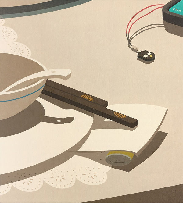 painting by artist Adrian Kay Wong depicting a close up composition of a tablescape with a paper doily, white plate, bowl with a thin blue stripe, a curved spoon, black chopsticks, a hidden yellow lighter under a napkin, and the corner of a phone with a badtz-maru charm