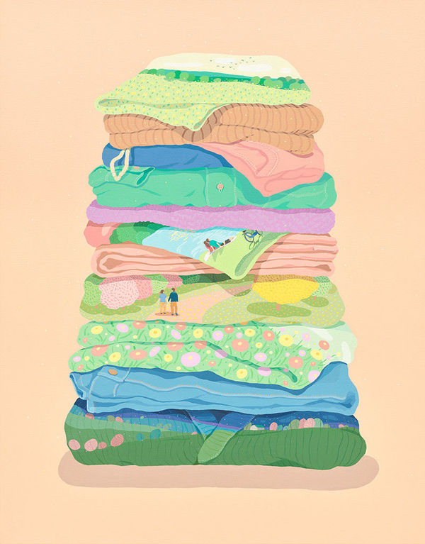 Danym Kwon - Painting of stacked clothes. Some clothes are patterned with sceneries of nature. The background is solid cantaloupe orange
