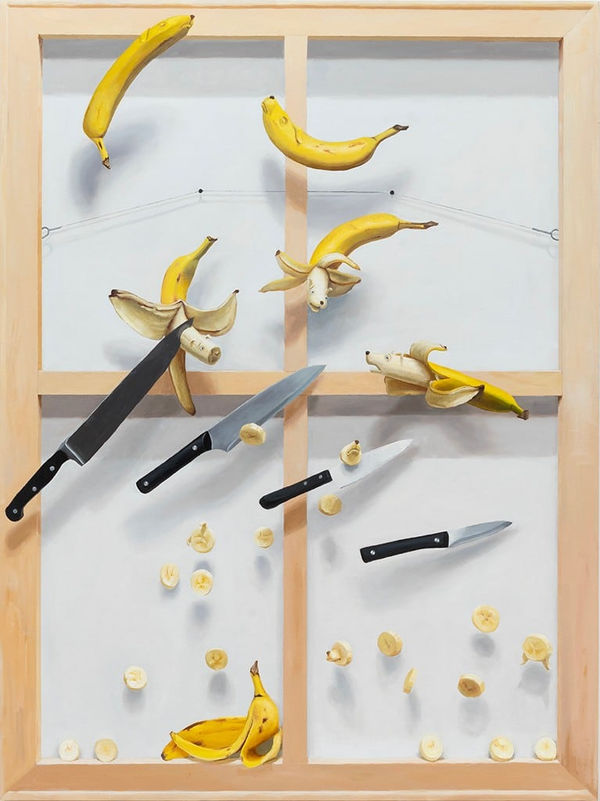 painting of dog banana creature falling in mid hair with suspended knives cutting through them