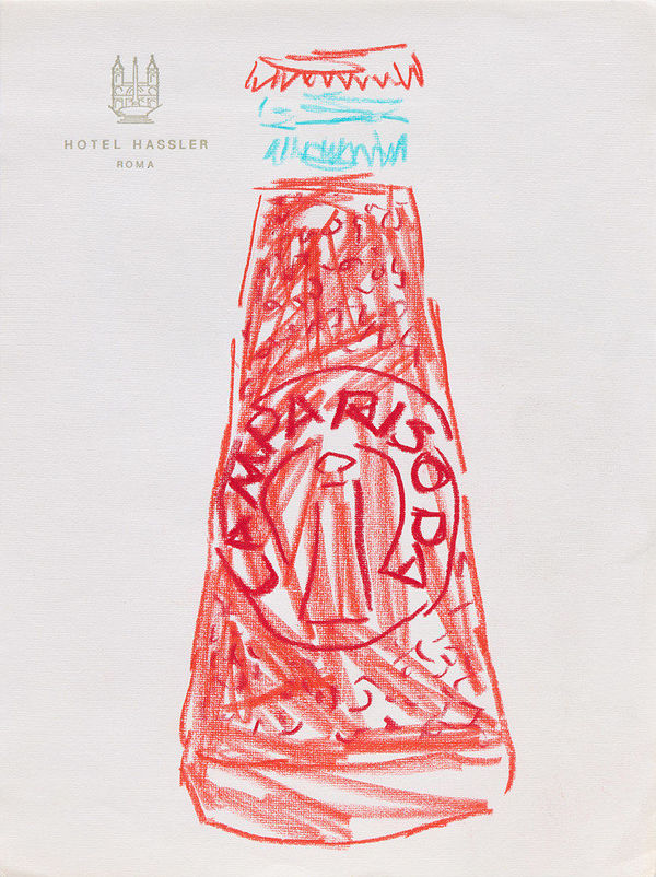 Drawing of a campari soda on hotel stationery