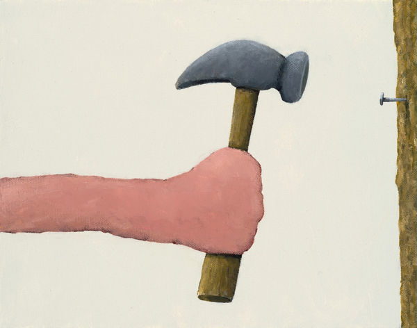 Painting of an arm and hand holding a hammer straight up and a piece of wood and nail across from the hammer