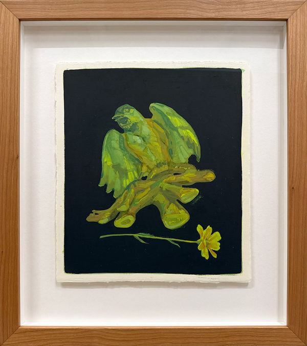 Framed Painting by Rachel Gregor of a green bird and a yellow flower against a black background