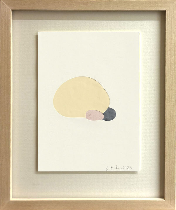 Abstract paper collage with yellow, pink, grey circular shapes