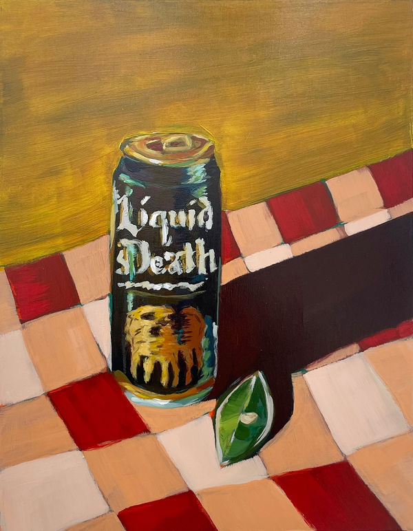 Painting of a Liquid Death can and a lime on a table with a checkered red and pink table clothe