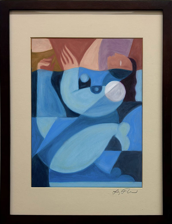 Drawing on paper of abstract geometric women in shades of blue and red