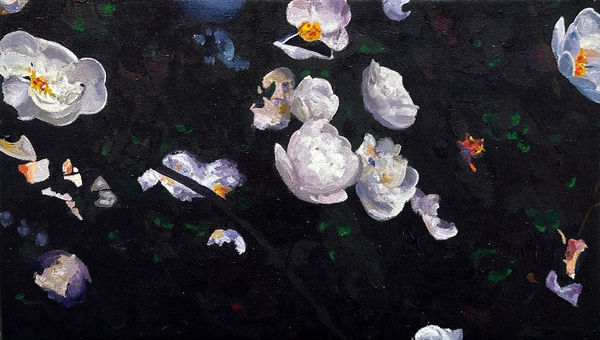 painting of white flowers over a dark green background