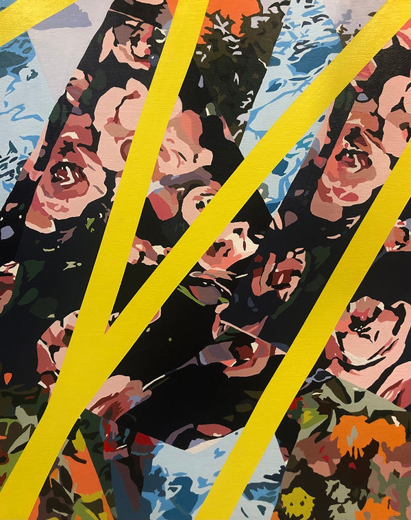 Andy DeCola 'Your Silent Face' - painting of pink flowers with yellow lines overlaid