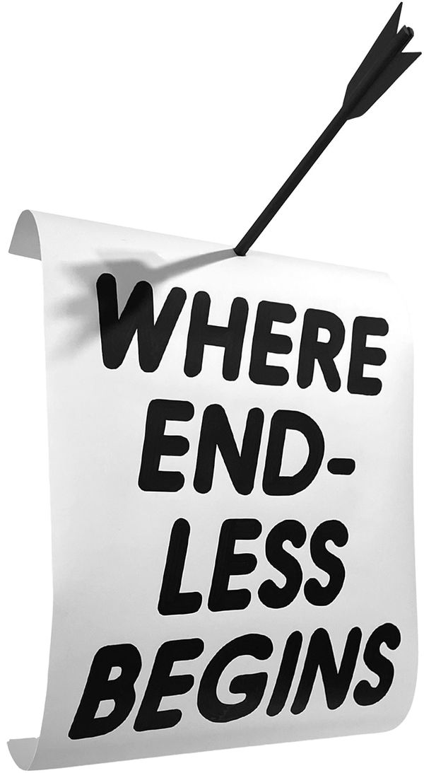 white scroll with all uppercase black text and an arrow going through the paper at the top