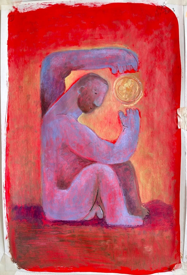 Carlos Rodriguez - painting on paper of a man sitting side ways. His left arm lifted over his head and the other leanign against his knee, in between his fists is the gleaming orb. The background is painted with vibrant red.