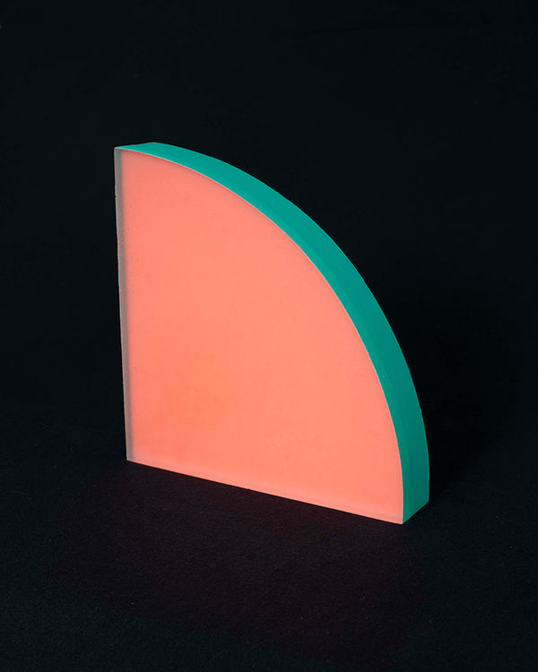 Rachel Strum - epoxy neon sculpture of a quarter round panel - orange and Turkish green.
