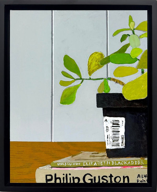 framed cropped painting of a green leafy plant sitting on top of books with a light blue background