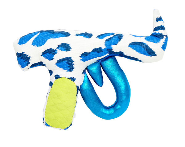 Natalie Baxter soft sculpture of gun in green and bright blue