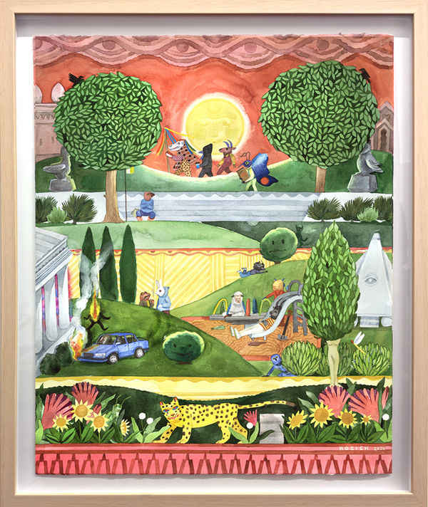 Painting on paper of green hills, trees, and animals on a playground