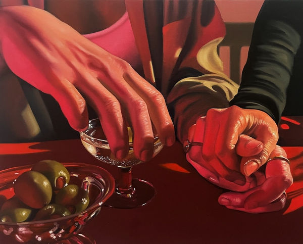 painting of people holding hands with a martini and bowl of olives also on the table