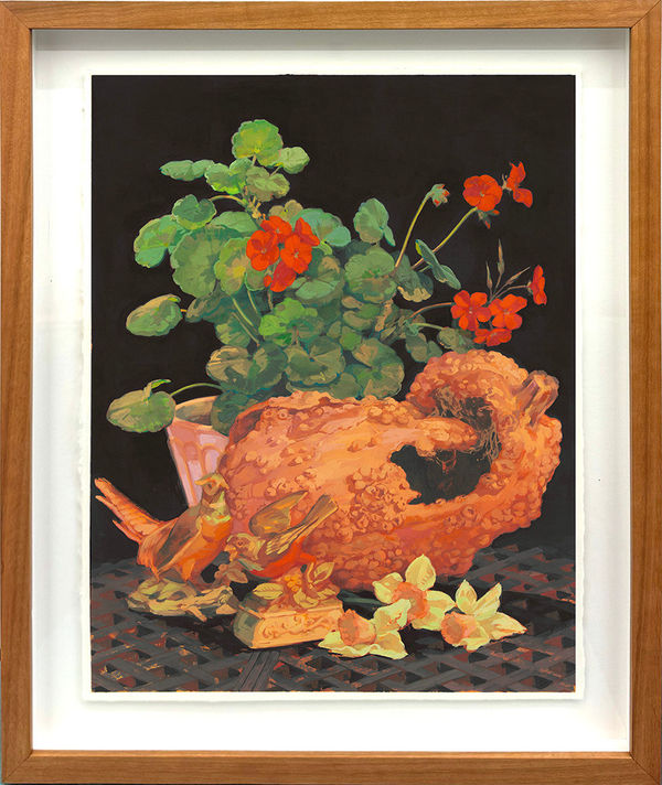 framed still life painting of a gourd with birds and flowers