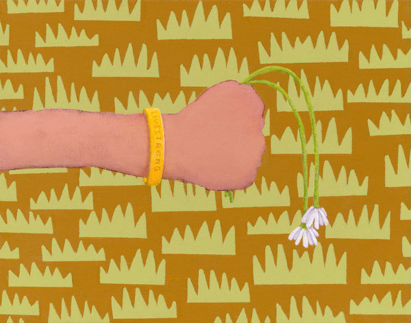 Painting of an arm and hand holding two wilting long stem white flowers. On the wrist is a yellow Livestrong bracelet. The background is orange brown with green grass patches