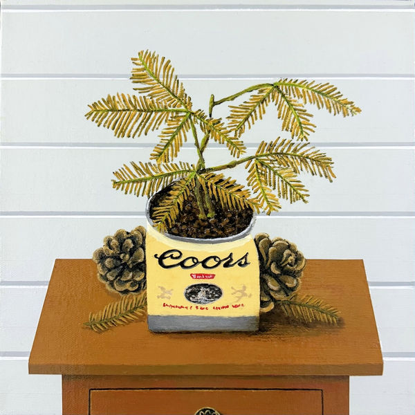 painting of plant inside of coors beer can on a brown desk