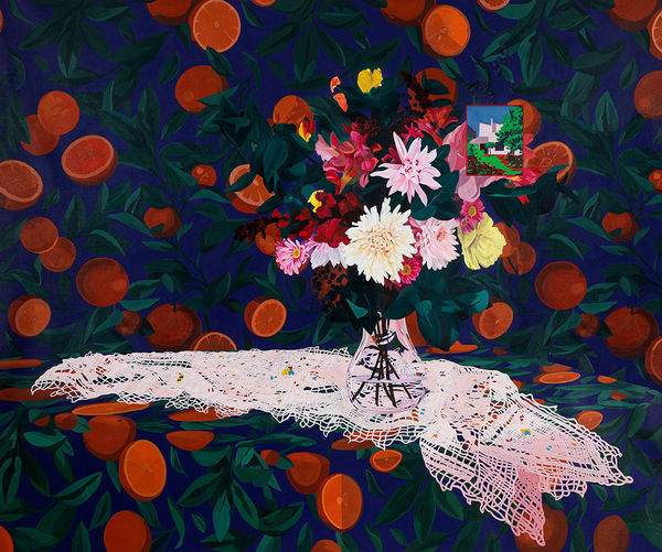 Painting of a bouquet of flowers in a clear short vase on top of a dolly. The flowers are on a table like surface that blends into the walls. They both have a patterned design of dark oranges on the vine on a dark blue background.