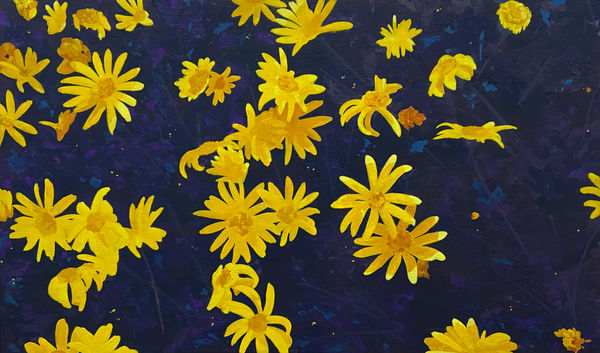 Painting of yellow daisy flowers on a dark blue background