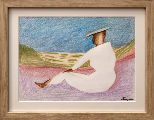 Framed drawing of a woman in a white outfit and a white hat sitting on a pink ground with green hills and a blue sky