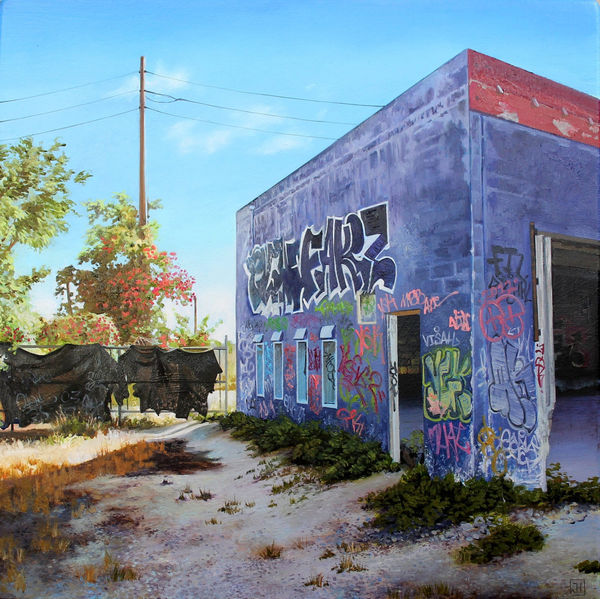 Jessica Hess painting of abandoned building covered in graffiti
