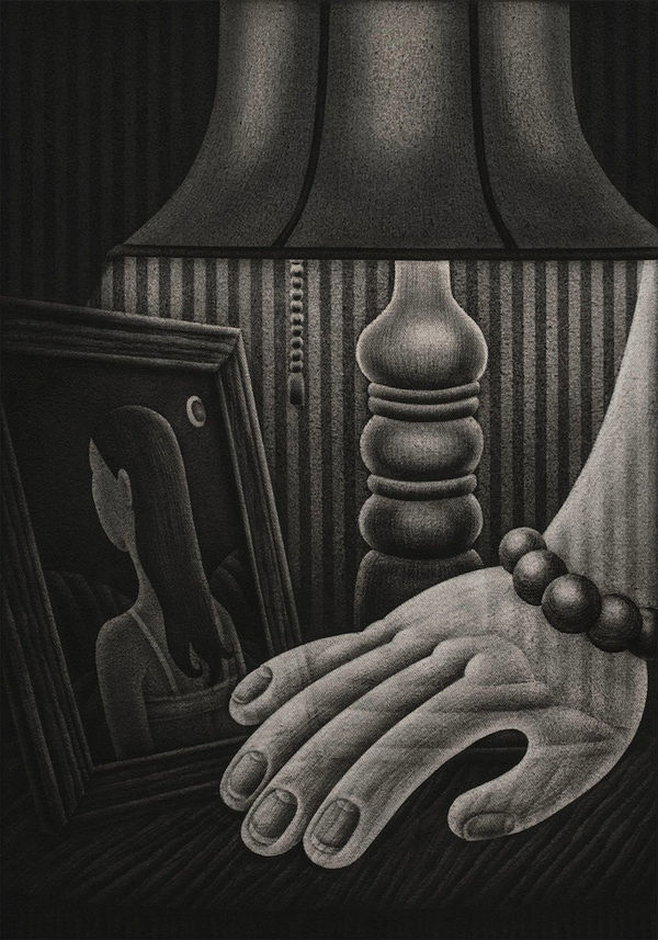 Painting in grey scale of a ghost hand resting on a table next to a lamp and a portrait
