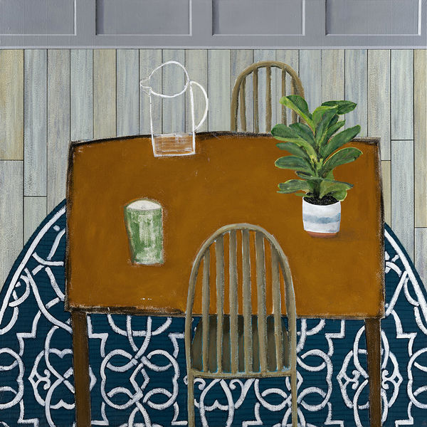Gabe Langholtz painting of tabletop with pitcher, cup and plant