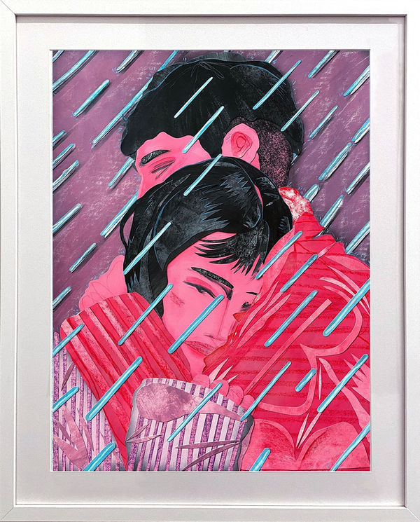 David Heo collage of two pink figured holding each other in the rain