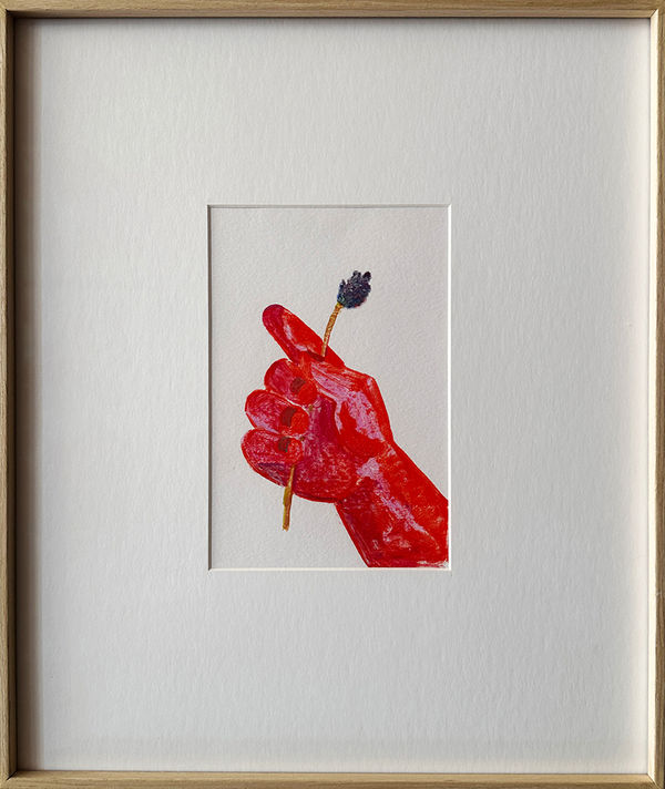 Framed painting on paper of a red and pink hand holding a small flower.