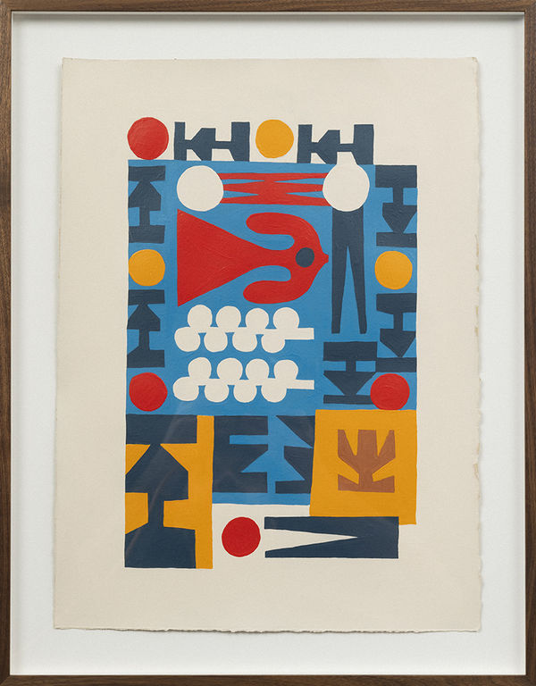 Painting of geometric shapes in red, yellow, blue and white