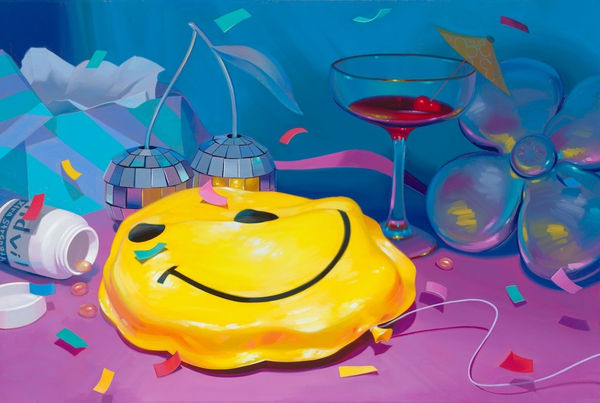 Megan Ellen MacDonald painting of semi-deflated happy face balloon surrounded by signs of a party