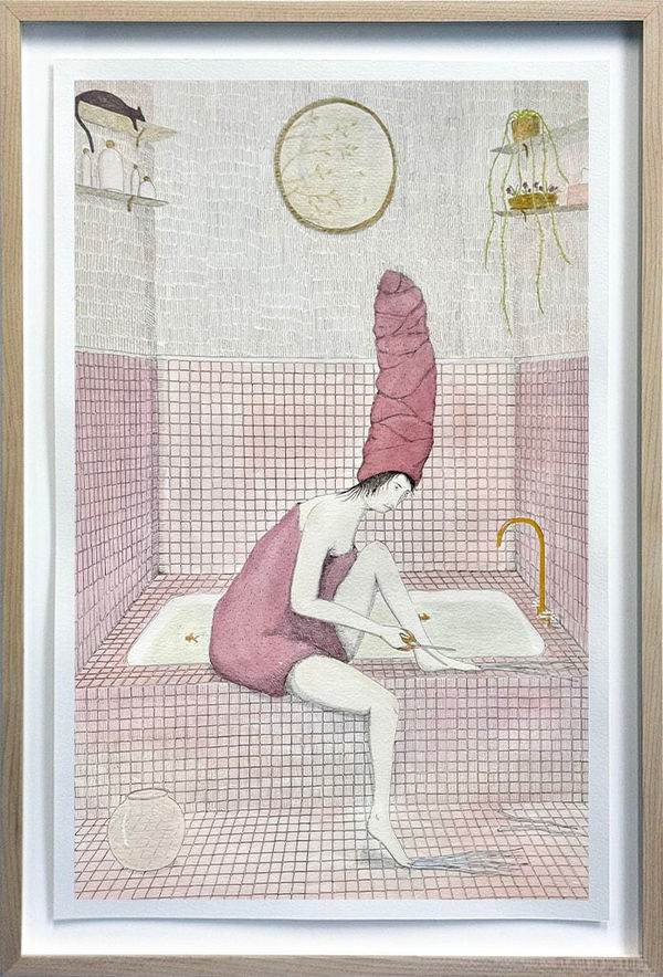 Painting of a woman in a towel sitting on the edge of a bathtub while clipping her unusually long toe nails