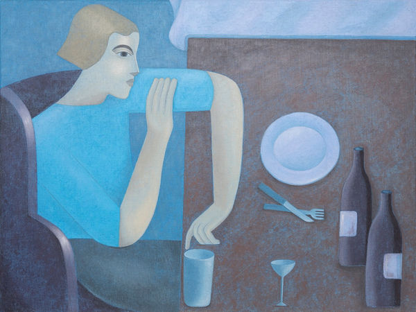 painting by Sofia Pashaei depicting a person sitting at a table wearing blue