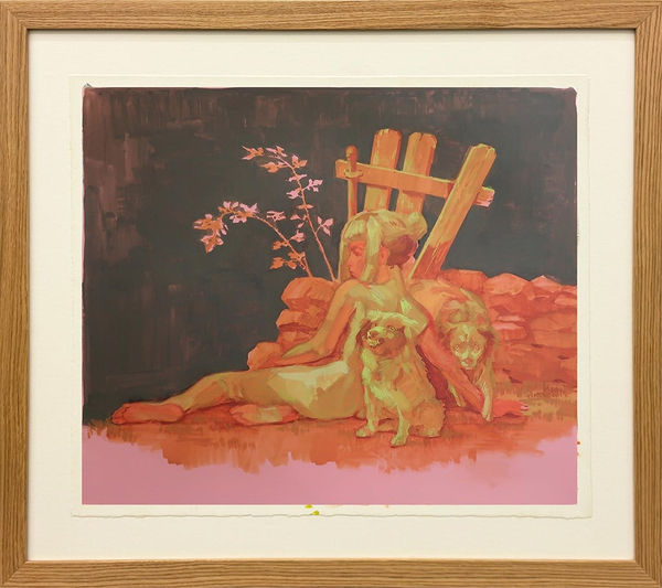 framed painting of a nude girl sitting on the ground next a stone wall and two dogs