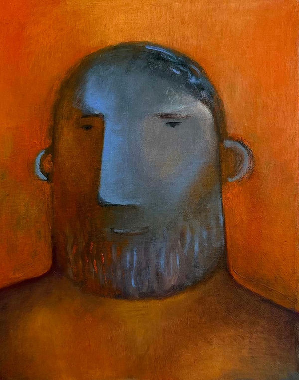 Carlos Rodriguez - painting of a man's head shot painted in shades if orange and blue.