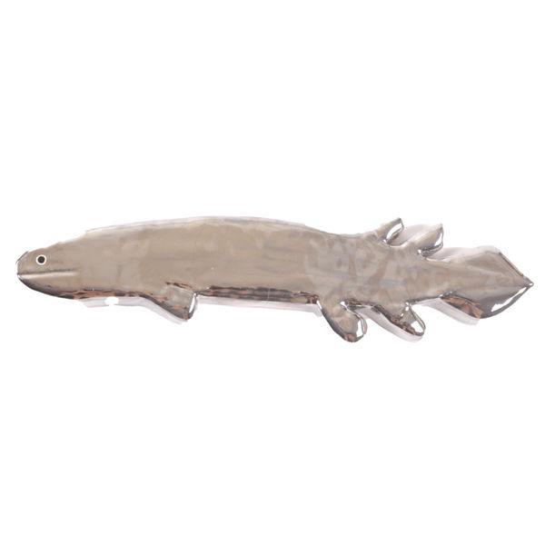 ceramic wall hanging of a long grey prehistoric fish like creature