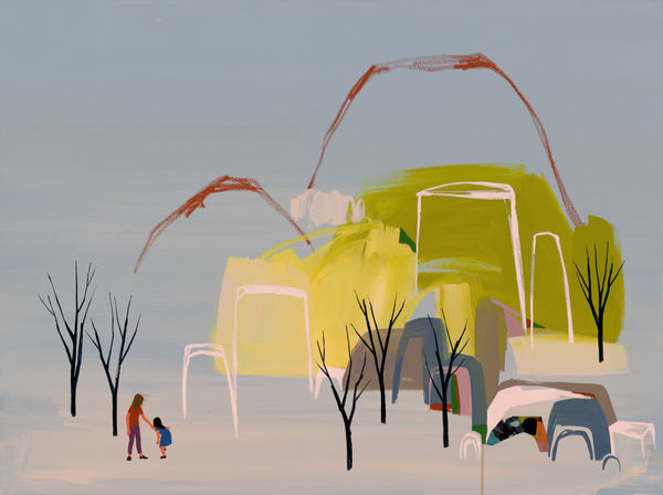 Seonna Hong "Stream of Time" – abstract landscape with small figures and trees in foreground