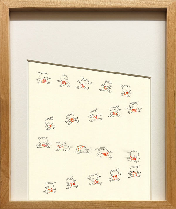 Framed drawing of a little girl in a red striped shirt running in a zig zag shape