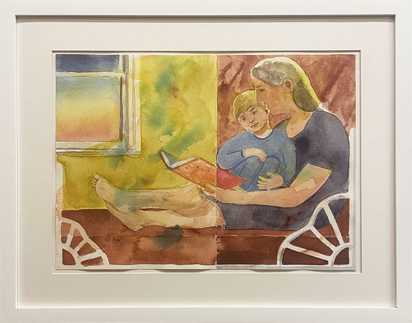Framed painting on paper of a woman reading a book to a child while they sit on a bed