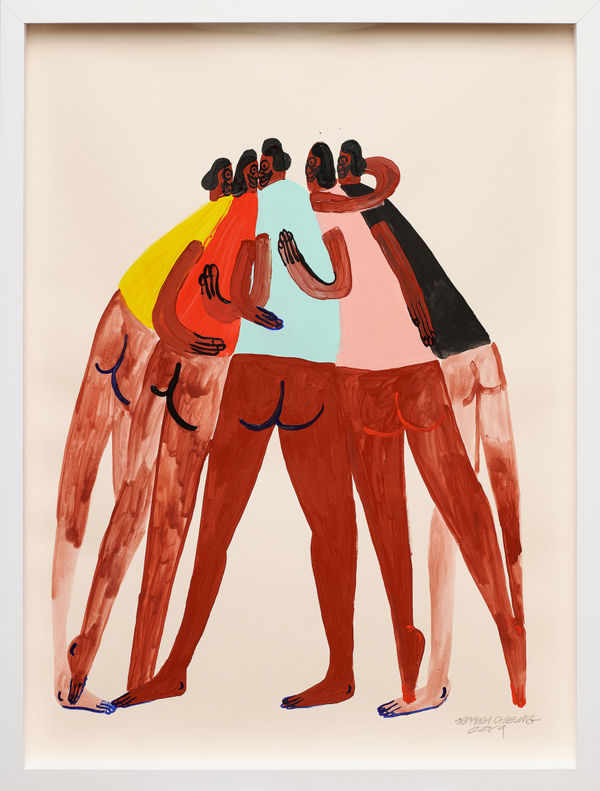 work on paper by Jeffrey Cheung depicting five figures, nude from the waist down, embracing