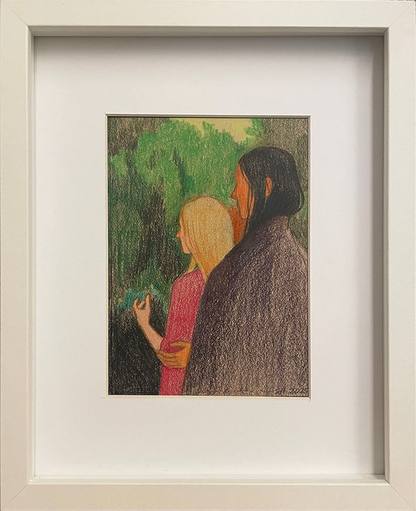Drawing of two women's profiles as they stand in front of green trees in white frame