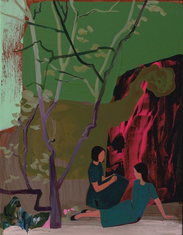 Painting of two women in green dresses sitting in a forest