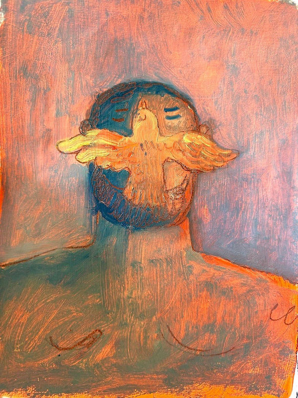 Carlos Rodriguez- painting on paper of a man, head shot framed. A white bird flying upwards, covering up the figure's nose and mouth.