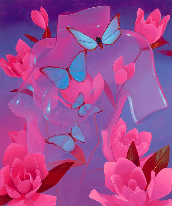 painting of a translucent torso surrounded by large pink flowers and blue butterflies by Megan Ellen MacDonald