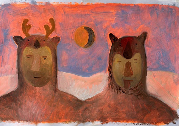 Carlos Rodriguez - painting of two men side by side, one wears a dear mask and the other wearing a fox mask. The apinting framed only part of the body above their chest. In the center and in background painted a moon hung in blue sky.