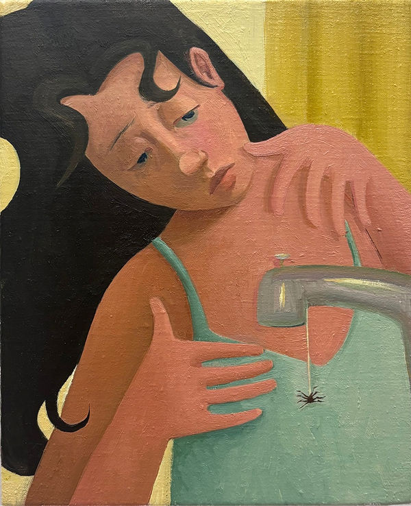 Painting of a woman leaning next to a faucet with a spider dangling from it