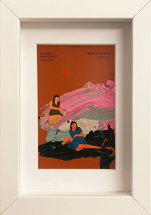 Painting on a cream paint chip of a woman in a dress laying on her back in white frame