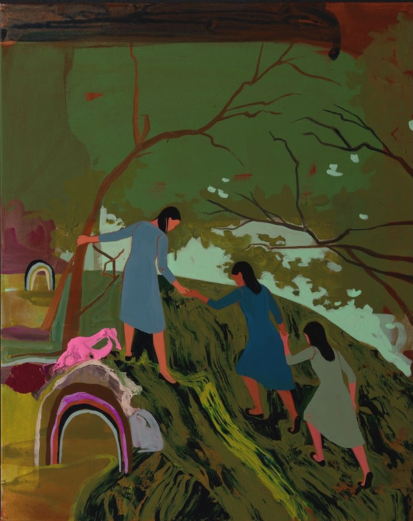 Painting of three women in dresses holding hands climbing a hill in a green forest